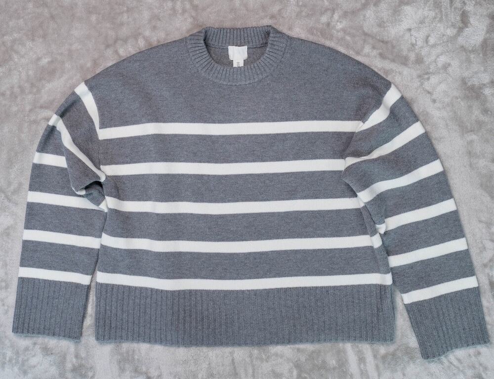 H&M Loose Fit Heather Gray Ivory Striped Crewneck Sweater Womens Size L